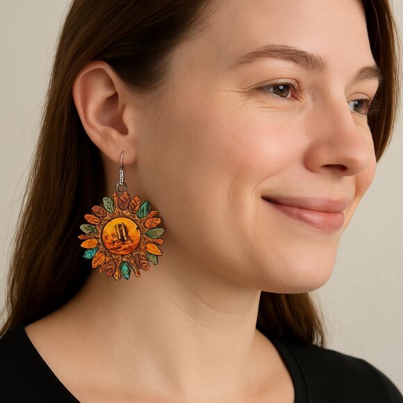 Sunflower Shape Dangle Drop Wooden Earrings Yellow Orange 2" drop New - Picture 1 of 10